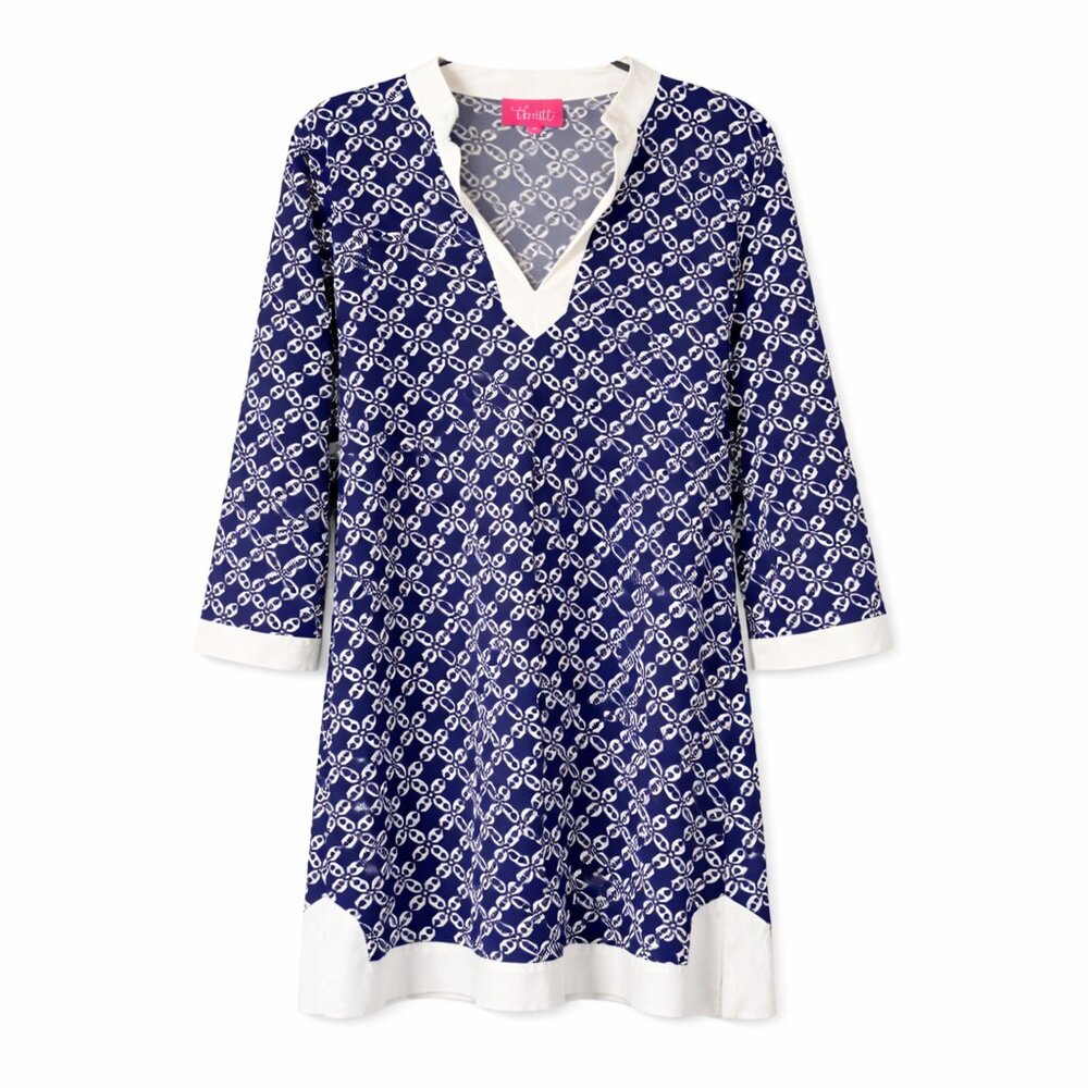 Navy White Chain Print Tunic Dress XL Stretch Resort Shift Beach Cover Up - Picture 3 of 6